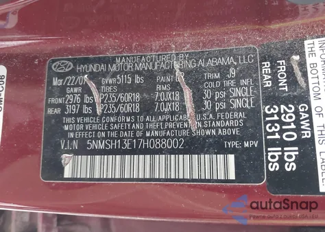 2007 Hyundai Santa Fe Limited/Se z USA, uszkodzony, nr VIN 5NMSH13E17H088002